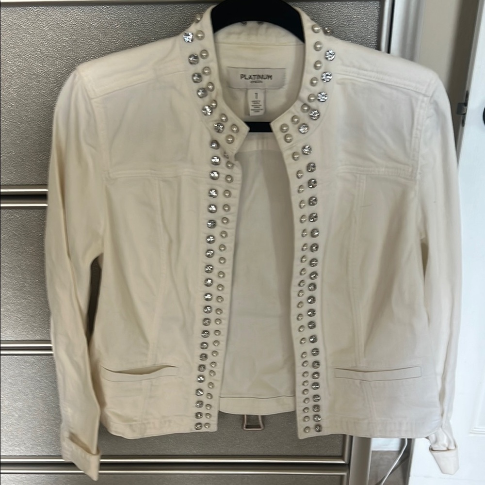 Chico's White Cropped Blazer with Decorative Trim